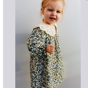 ZARA KIDS 18-24 month blue and green bin collar knit dress with lace collar